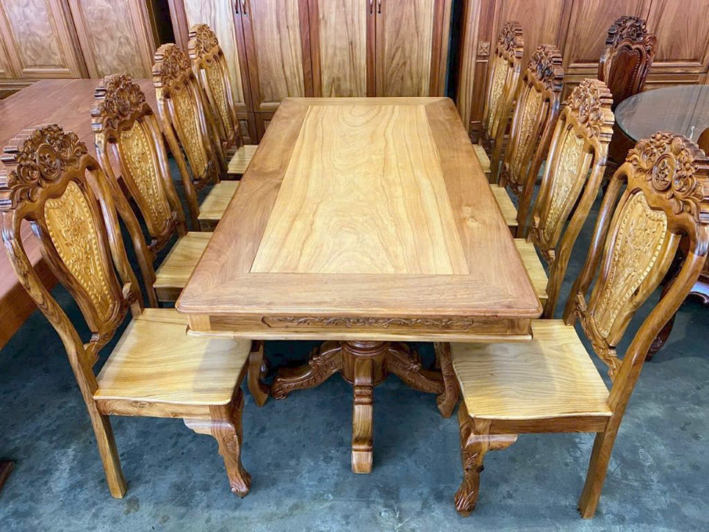Bàn ăn 8 ghế, gỗ căm xe, mặt gỗ gõ đỏ 95 x 195cm