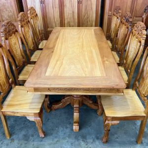 Bàn ăn 8 ghế, gỗ căm xe, mặt gỗ gõ đỏ 95 x 195cm