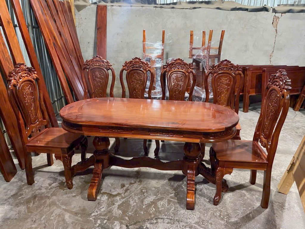 Bàn ăn oval 6 ghế gỗ Tràm